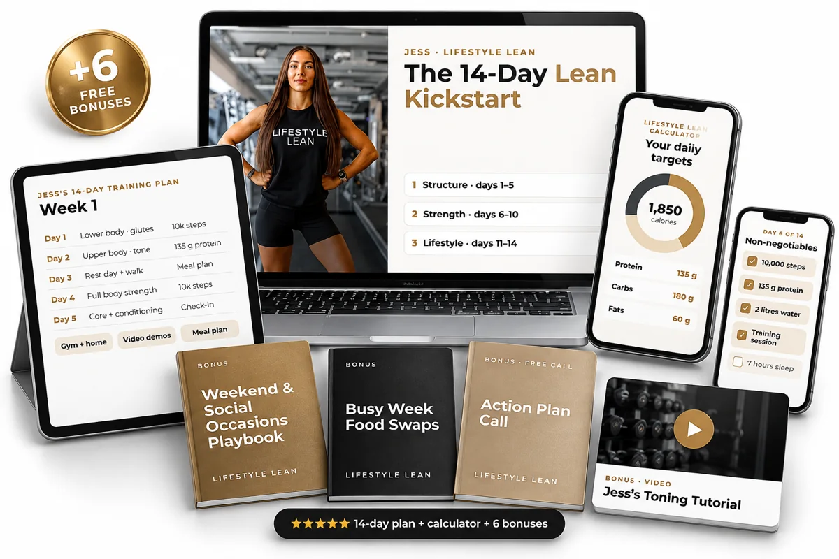 Everything included: the 14-day training plan, the meal plan, the calculator and all 6 bonuses